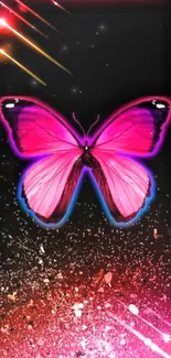 Vibrant pink butterfly with neon glow on dark background.