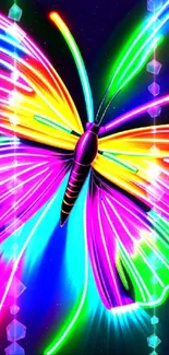 Vibrant neon butterfly with colorful wings glowing on dark background.