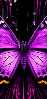 Vibrant neon butterfly wallpaper in radiant purple hues on a black background.