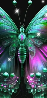 Neon butterfly wallpaper with vibrant greens and purples.