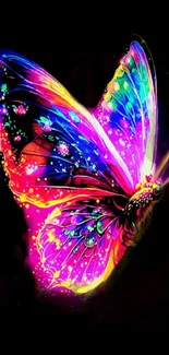 Vibrant neon butterfly on a dark background.