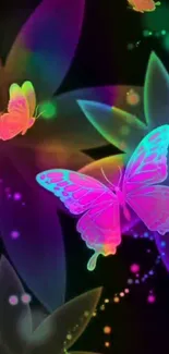 Vibrant neon butterfly wallpaper with a dark floral background.