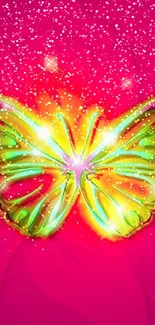 Vibrant neon butterfly with green and yellow glow on pink background.