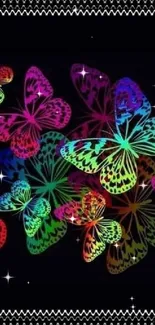 Vibrant neon butterflies on black background mobile wallpaper.