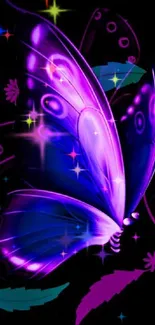 Neon purple and blue butterfly wallpaper for mobile.