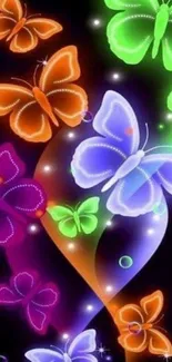 Vibrant neon butterflies glowing on dark background mobile wallpaper.