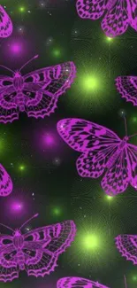 Vibrant neon butterfly pattern with purple and green hues on a phone wallpaper.