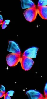 Vibrant neon butterflies with glowing blue and orange wings on a dark background.