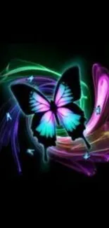 Vibrant neon butterfly on colorful, glowing background.