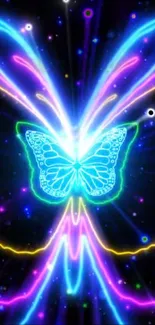 Vibrant neon butterfly with electric colors on a dark background.