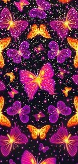 Vibrant neon butterflies on a dark background.