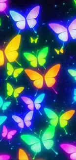 Vibrant neon butterflies on a dark background, creating a lively mobile wallpaper.