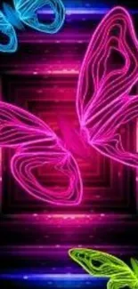 Vibrant neon butterflies on black background, colorful mobile wallpaper.