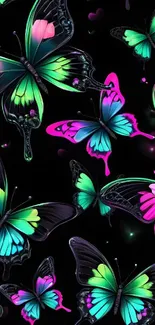 Vibrant neon butterflies on a black background, perfect for a lively mobile wallpaper.