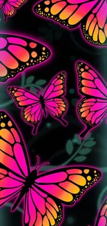 Neon butterflies with pink and orange wings on a dark background.