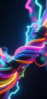 Colorful intertwined neon cables on dark.