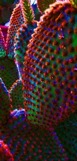 Vivid neon cactus with vibrant colors and abstract patterns.