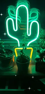 Neon cactus light on dark background with plants.