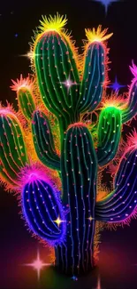 Vibrant neon cactus glowing in colorful light.