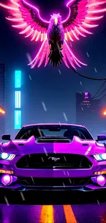 Neon car with glowing phoenix in futuristic cityscape wallpaper.