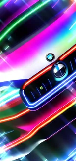 Vibrant neon car art with colorful lights.