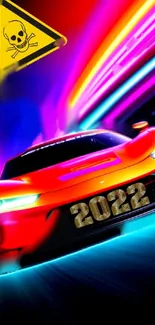 Vibrant neon car with 2022 license plate and colorful light streaks.