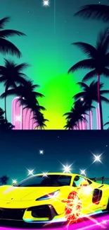 A neon sports car with palm trees under a starlit sky in vibrant colors.