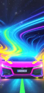 Vibrant neon car with swirling colorful lights.