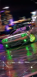 Sports car with neon accents racing in a vibrant cityscape at night.