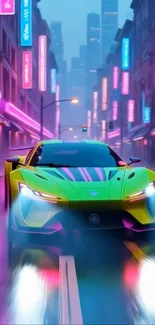 Vibrant neon car speeding through a city street at night.