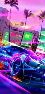 Futuristic neon car in vibrant urban setting with pink and blue hues.