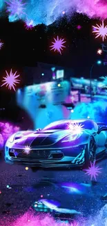 Vibrant neon car under a starry night sky, creating a futuristic mobile wallpaper.