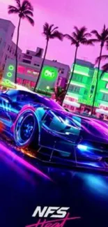 Vibrant neon car speeding through a modern cityscape.