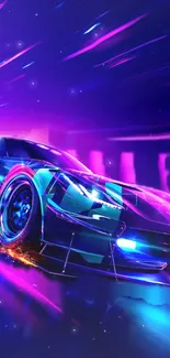 Vibrant neon car racing in a futuristic cityscape wallpaper.