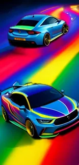 Neon sports cars on colorful rainbow road wallpaper.