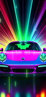 Vibrant neon sports car with colorful light trails in the background.