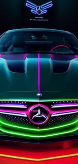 Black luxury car with vibrant neon lights and sleek design.