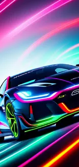 Sleek sports car with neon light trails against a colorful background.