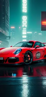 Red sports car in neon-lit city at night.