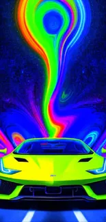 Vibrant neon sports car with colorful background glowing.