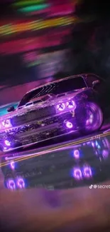 Neon-lit car speeding through vibrant cityscape at night.