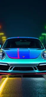 Sleek car with vibrant neon lights on a night highway background.