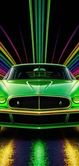 Vibrant neon green car with colorful light trails.