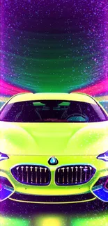 Bright neon green car with vibrant backdrop.