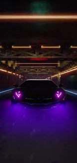 Futuristic car illuminated by vibrant purple neon lights in a cityscape setting.