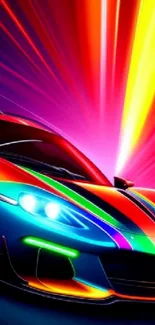 Vibrant neon sports car with colorful lights radiating.