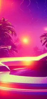 Futuristic neon car with tropical background in vibrant colors.