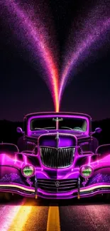 Purple neon car under starry night sky with glowing streams.