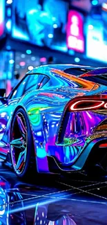 Vibrant neon lights reflected on a sleek car in an urban setting.