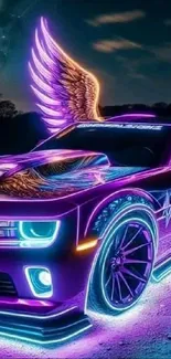 Neon-lit car wallpaper with wings and vibrant colors.